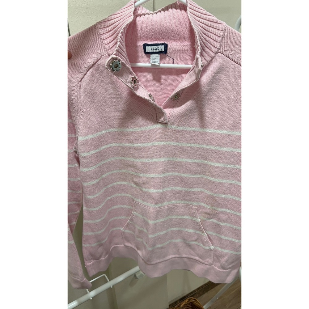 IZOD Pink White Striped Cotton Snap Mock Neck Sweater Womens XL Kangaroo Pocket